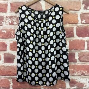 Nine West Top Women's Large Black White Yellow Polka Dot Camisole Tank Shirt